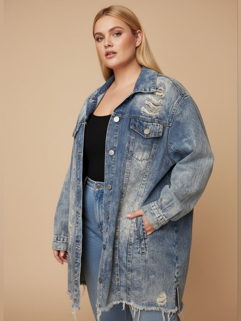 Revamped Light Blue Acid Wash Distressed Long Jean Jacket